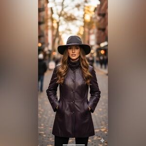 Soia & Kyo Purple Leather Trench Coat Jacket Size Small Classic Structured